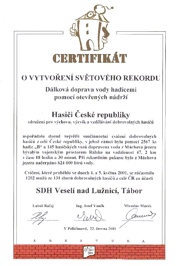 Certifikt o vytvoen svtovho rekordu 2001